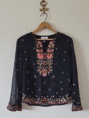 Label Ritu Kumar Black Sheer Floral Embroidered Blouse Size Large
